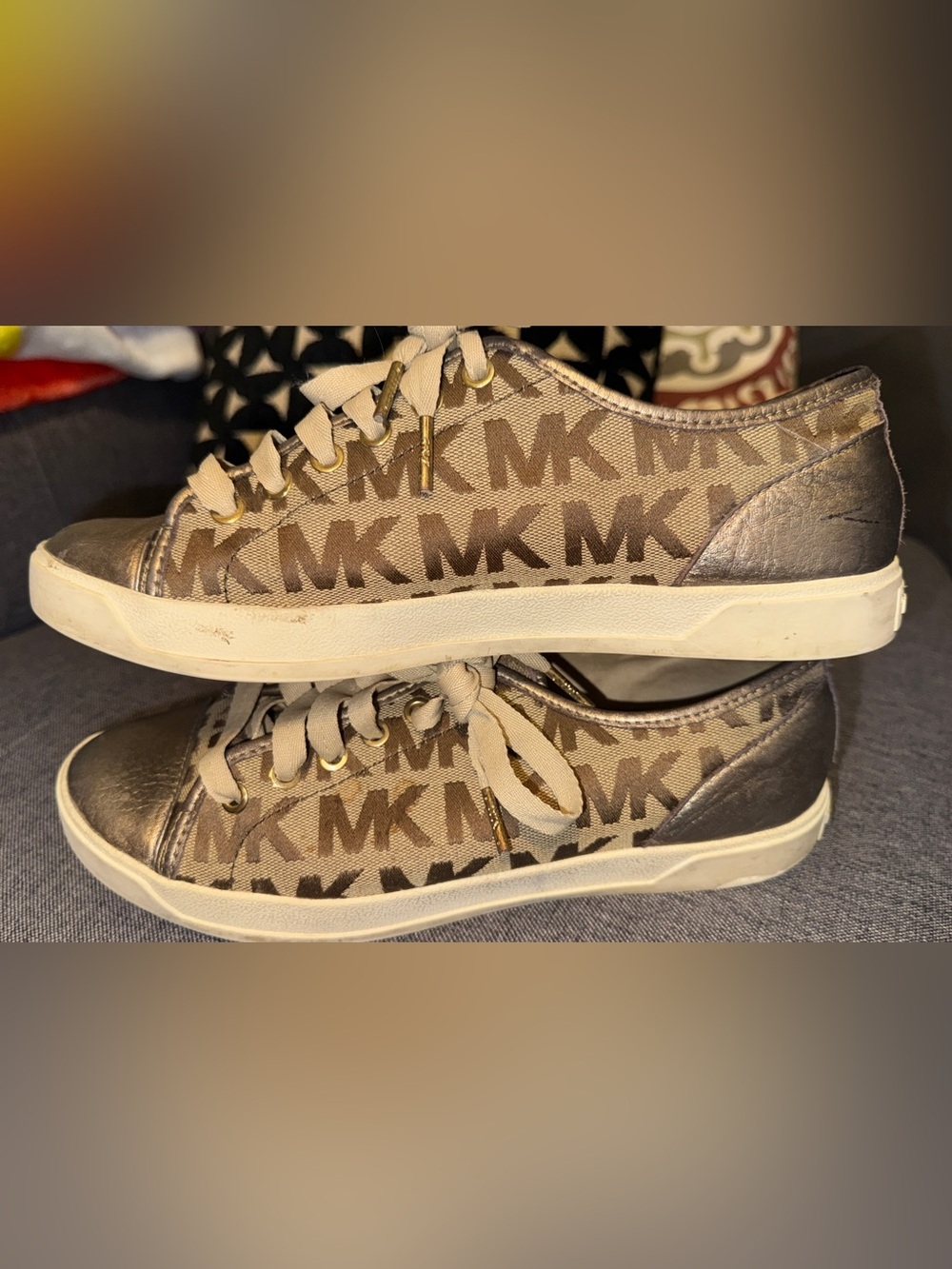 Michael Kors Beige and Brown MK Logo Lace-Up Sneakers - Picture 3 of 6